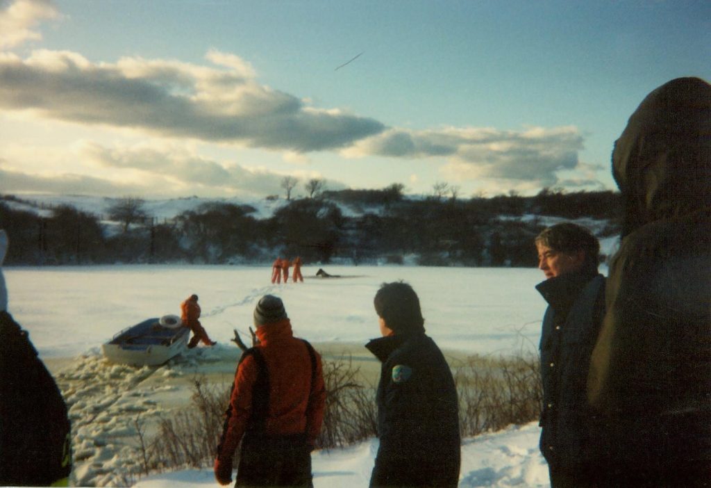 People in winter coats stare at a person on the ice with a trapped and partially submerged horse.