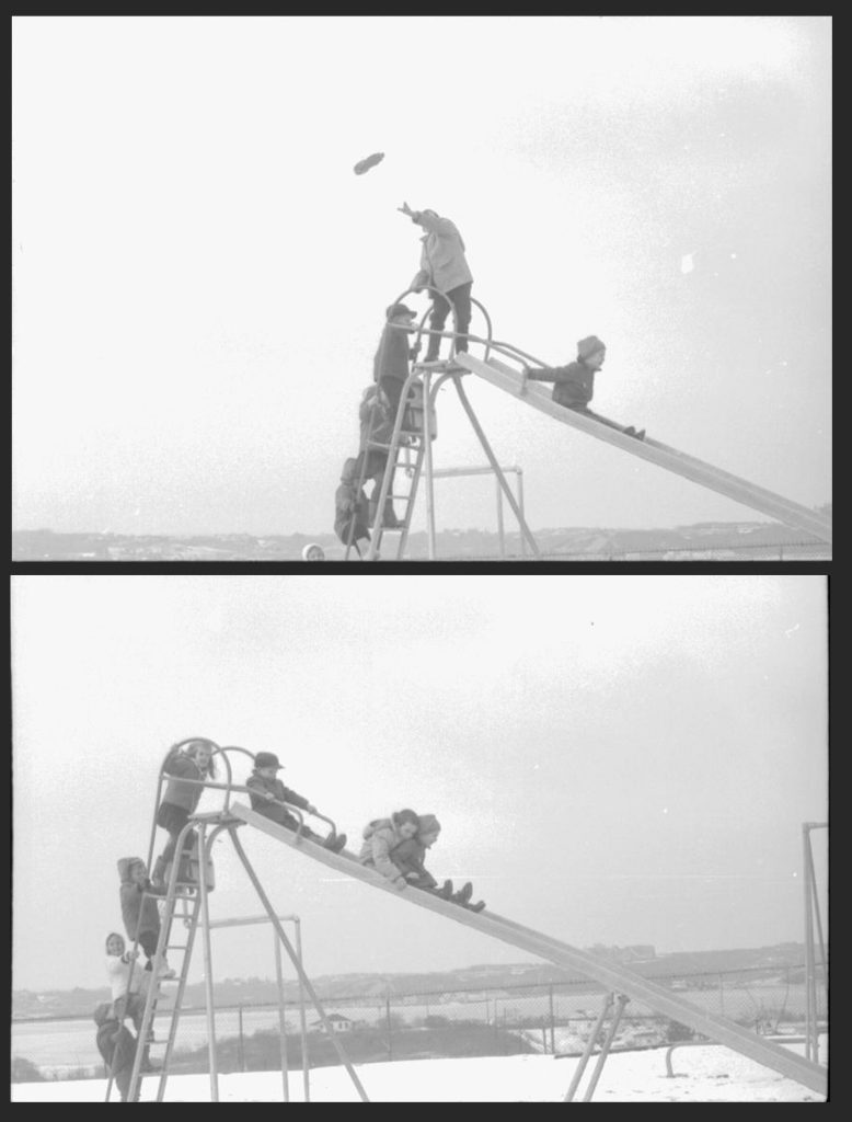 Top photograph shows four children in winter coats climbing ladder of metal slide, one kid sliding down to the right. Bottom photo shows children climbing slide while three slide down.