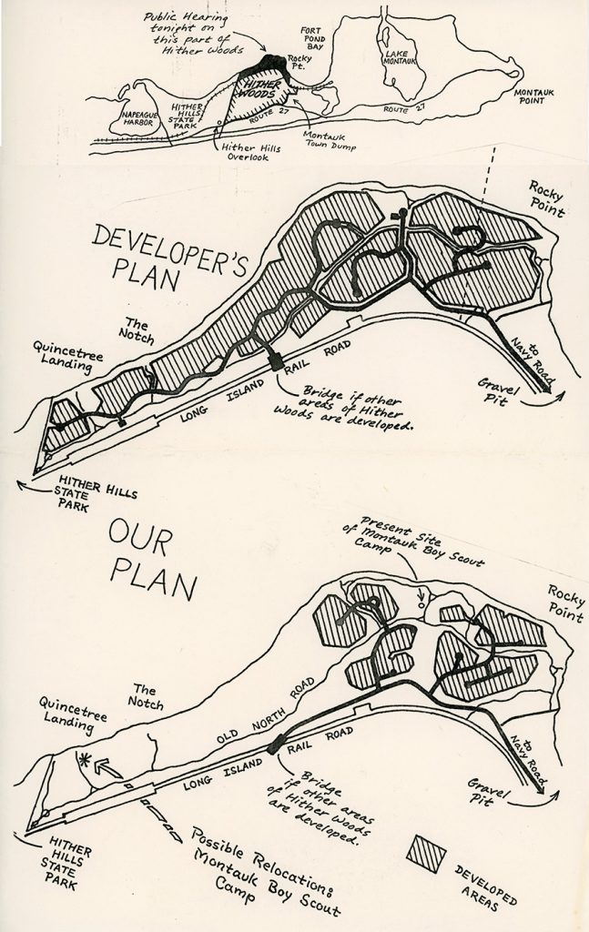 A hand-drawn map of a "developer's plan" versus "our plan" for Hither Woods.