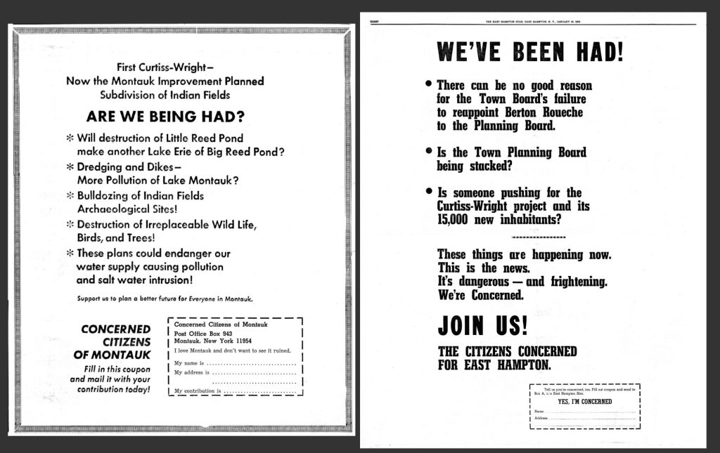 Newspaper advertisements, one expressing opposition to a planned subdivision of Indian Fields and the other encouraging readers to join a group called the Citizens Concerned for East Hampton