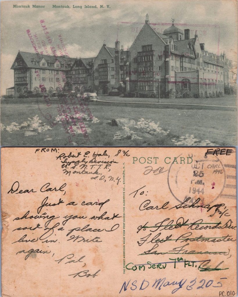 The front and back of a postcard depicting a grand tudor-style resort. 