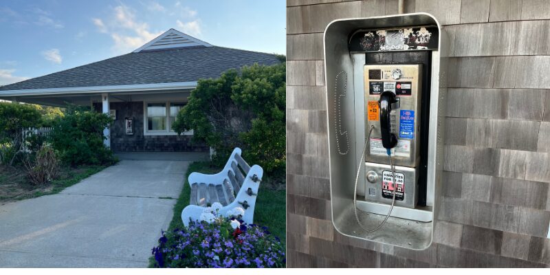 Side-by-side photos of the Montauk Point restroom building with a bench and payphone outside and a closeup of the payphone.