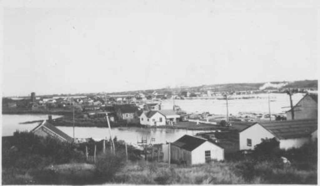 Landscape shot of village on the bay consisting mostly of small one-story cottages.