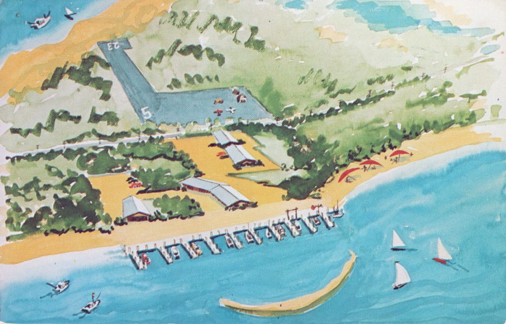 Aerial view of a small airport and adjoining hotel and marina depicted in watercolor.